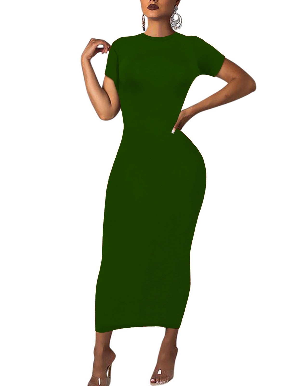 Women's Long Bodycon Dresses Leopard Print Casual Maxi Club Party Tight Dress Short Sleeve