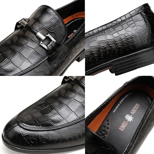 Image of Mens Leather Penny Loafers, Classic Crocodile Printed Business Dress Shoes with Metal Buckle Slip on Penny Shoes for Mens