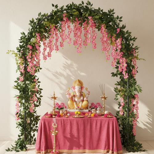 Image of Party Propz Pink Wisteria Artificial Flowers for Decoration Hanging -12Pc(3.6ft), Ganpati Decoration Setup For Home, 2Pcs 8ft Leaves, varamahalakshmi decorative items, Krishna Janmashtami, Haldi Decor