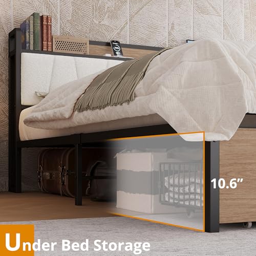 Image of LIKIMIO King Size Bed Frame with 2 Drawers and Charging Station | Platform Bed with Upholstered Storage Headboard, No Box Spring Needed, Easy Assembly, Sturdy, Wood and Cream