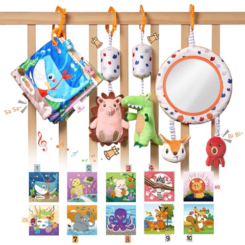 Image of TUMAMA Car Seat Toys 3 6 9 12 Months, Plush Animal Rattle Mirror Soft Crinkle Book Baby Enlightenment Toy Set, Newborn Crib Stroller Play Gym Hanging Toys