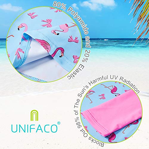 UNIFACO Toddler Girls Long Sleeve Rash Guard Ruffle 2-Piece Swimsuit Set Tankini for Swimming Pool Size 6T Flamingo