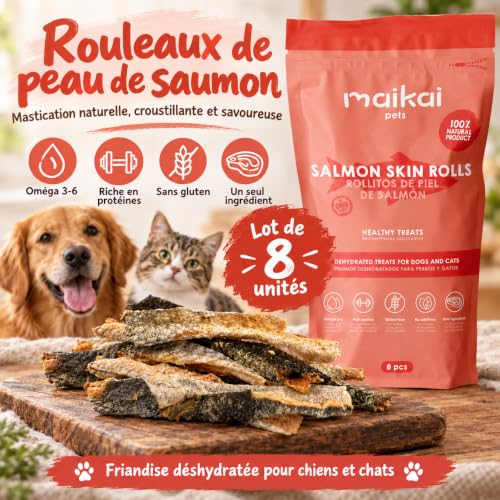 MAIKAI Lachshaut Rollen für Hunde, Getrockneter Hundesnack mit Omega-3 150g