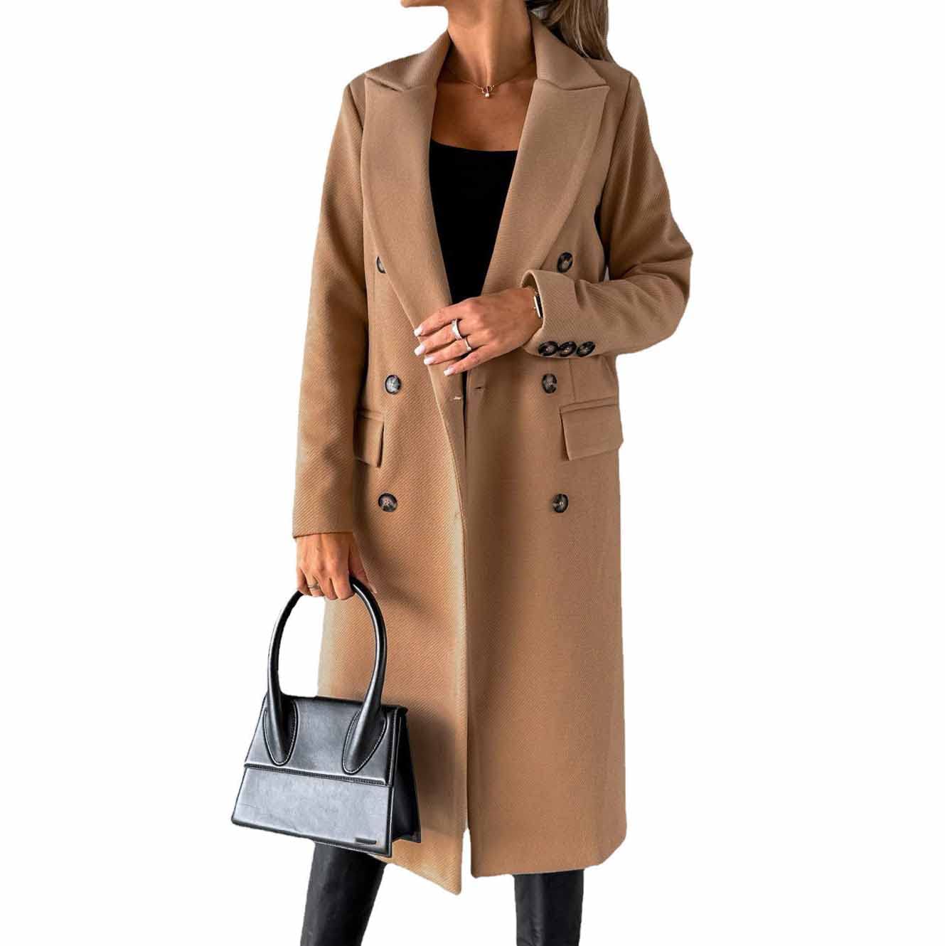 CARGIS Long-sleeved wool coat with double-breasted buttons,Women's Double Breasted Long Trench Coat Windproof Classic Lapel Slim Overcoat (khaki,XXXL)