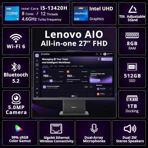 Image of Lenovo IdeaCentre 27 inch FHD All-in-One Desktop, Intel Core i5-13420H, 8GB DDR5, 1.5TB Storage (512GB SSD+1TB Docking Station), 5.0MP Camera, Wi-Fi 6, Wireless Keyboard & Mouse, Windows 11, Luna Grey