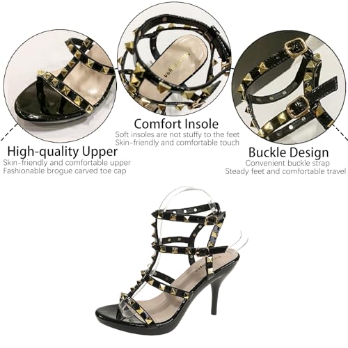 Women's Studded Strappy Leather Stilettos Sandals with Adjustable Ankle Buckle Sexy Open Pointed Toe Non-slip Platform Roman High Heels Pumps for Party Prom Dating Dress Shoes3