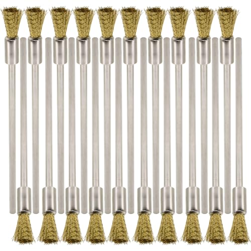 20PCS Brass Wire Brushes with Extended Handle - Metal Rust Removal, Polishing, Cleaning - 6mm Diameter, 1/8″ (3mm) Shaft, 100mm Length - Removes Burrs, Dust, and Oxide Layer - Rotary Tool Accessories
