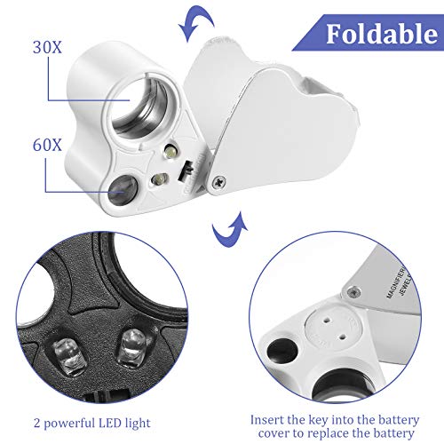 Vetivr 4 Pieces Jewelers' Loupe 30X 60X 90X Illuminated Jewelers Eye Loupe Magnifier Foldable Jewelry Magnifier Loop Magnifying Glass With Led Light For Jewelry Gem Stamp Watch Rock (White And Black) #TOP3
