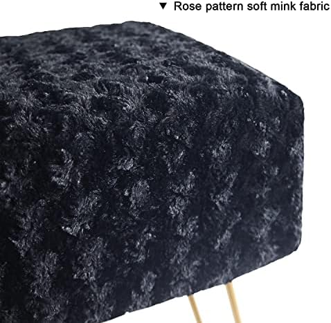 TOUCH-RICH Modern Mink Square Footstool Ottoman,Rose Pattern Furry Faux Fur Vanity Stool Chair with Metal Legs,Comfy Entryway Ottoman Bench,Stool for Vanity (Black)