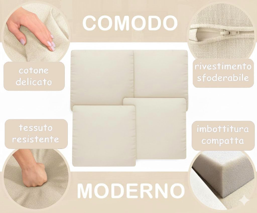HAND 4 Cuscini da Esterno 53x50 cm, Alto 5 cm - per Sedie da Giardino - Seduta Imbottita, Morbida, Cuscini per Arredo Esterni, Salottini Rattan, 100% Cotone, Prodotto in Italia (Ecrù)