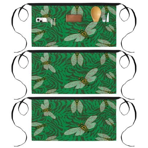 Demi-tablier de cuisine à 3 poches lot de 3 avec motif cigale