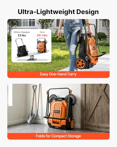Image of VEVOR Walk-Behind Hand Push Floor Sweeper, Manual Floor Sweeper Non-Electric with 25.6 inch Sweeping Width, 5 Gallons Waste Container & Adjustable Folding Handle for Yards Walkways Patios Garages - Orange