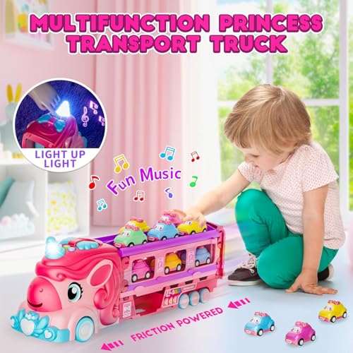 Image of PLUSPOINT Unicorn Truck Trailer with 6 Cars Friction Powered Foldable Race Track Truck Toys for Toddler Girls Toy Car Set, 2-Player Fold Out Trailer with Light & Sound Toys Birthday Gifts