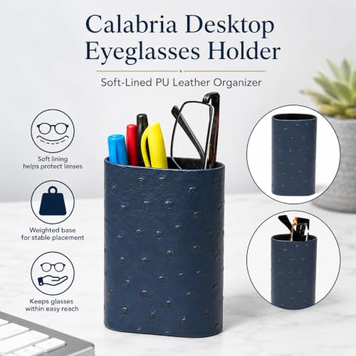 Image of Calabria Desktop Eye Glasses Holder Soft Lining Weighted Base Eyeglasses Stand Case Desks Nightstands PU Leather Mens Womens