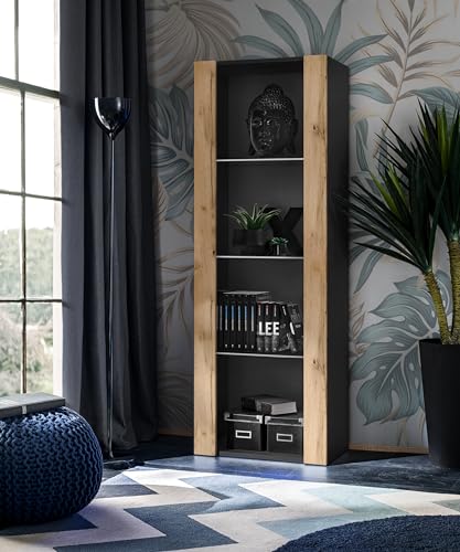 Komodee Vitrine Armoire Tivoli, Noir/Wotan, Largeur 55cm x Hauteur 159cm x Profondeur 35cm, sans LED, 3 étagères en Verre, pour Salon, Chambre, Entrée