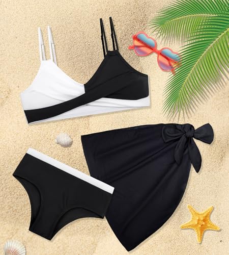 Image of Girls Swimsuits Bathing Suit Bikini Set V Neck Twist Cross Swimwear with Cover Up Skirt for Teens 9-15T