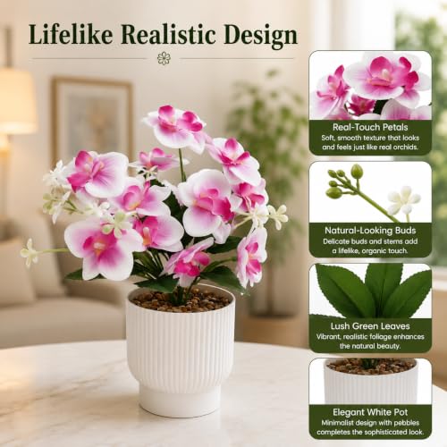 Image of CURATED CART Flower Pot with Artificial Flowers - Orchid White & Pink Flower with White Vase | Ideal for Home Decor | Office Decor | Gifting | Size 25 x 15cm