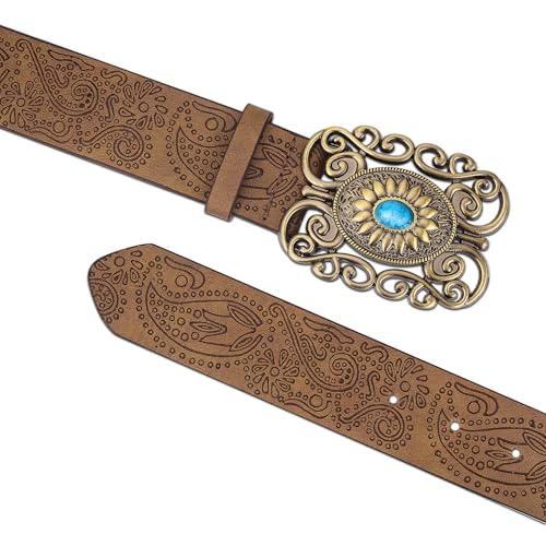 FALETO Women's Western Belt Turquoise Buckle Vintage Embossed Leather Belt for Cowgirl Jeans Dress Rodeo Country Concert4