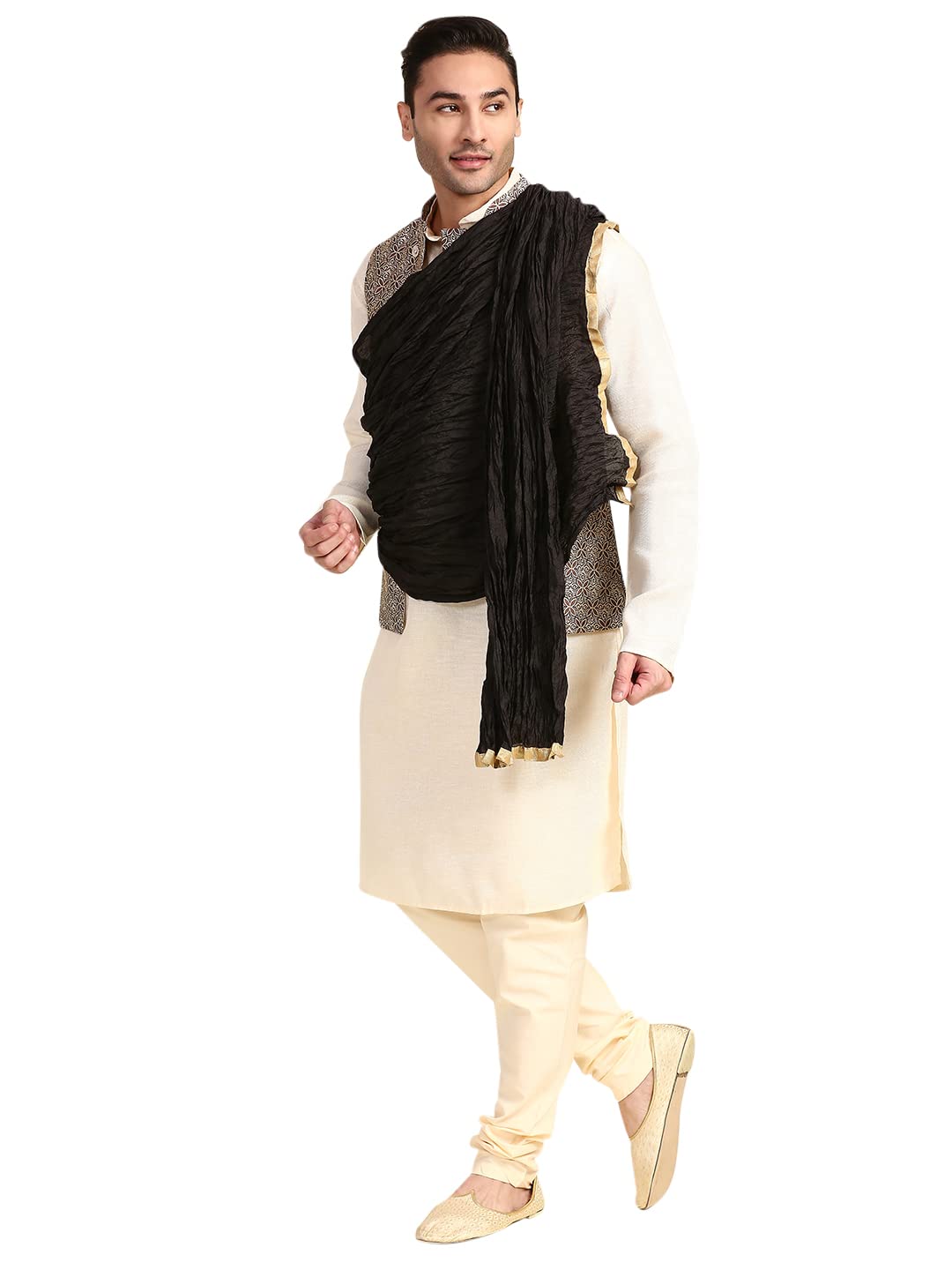 Men's Black Crushed Silk Dupatta For Kurta/Sherwani/Achkan, free size-image-26