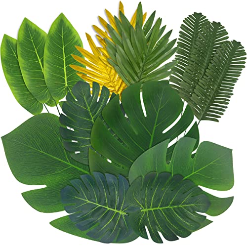 LuXianYS 54pcs Hoja Palmera Artificial Decoracion 4 Tipos Hojas Tropicales Artificiales Palma Planta Verde, Hojas de Palma Tropical Artificiales, para Playa Fiesta Temática/Fiesta de Hawaii Cover