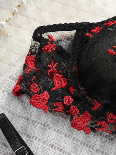Image of Sexy Floral Embroidered Flower Mesh Underwire Push Up Lingerie Set
