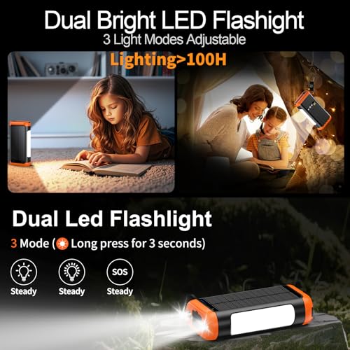 DJKK Solar Power Bank Portable Charger:66800mAh Built in Hand Crank and 3 Cables 22.5W Fast Charging Phone External Battery Pack(5 Outputs & 5 Inputs) with Camping Flashlights/Table Lamp/Compass - Image 5