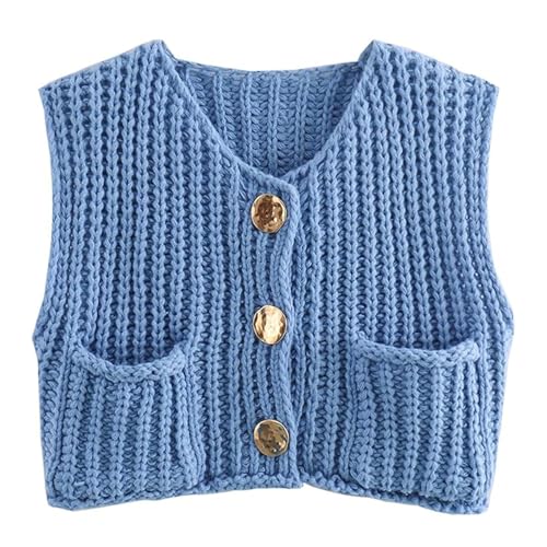 Image of Wyeysyt Sweater Vest Women Sleeveless Crop Knit Cardigan Casual Button Down Cropped Knitted Sweater Vest with Pockets