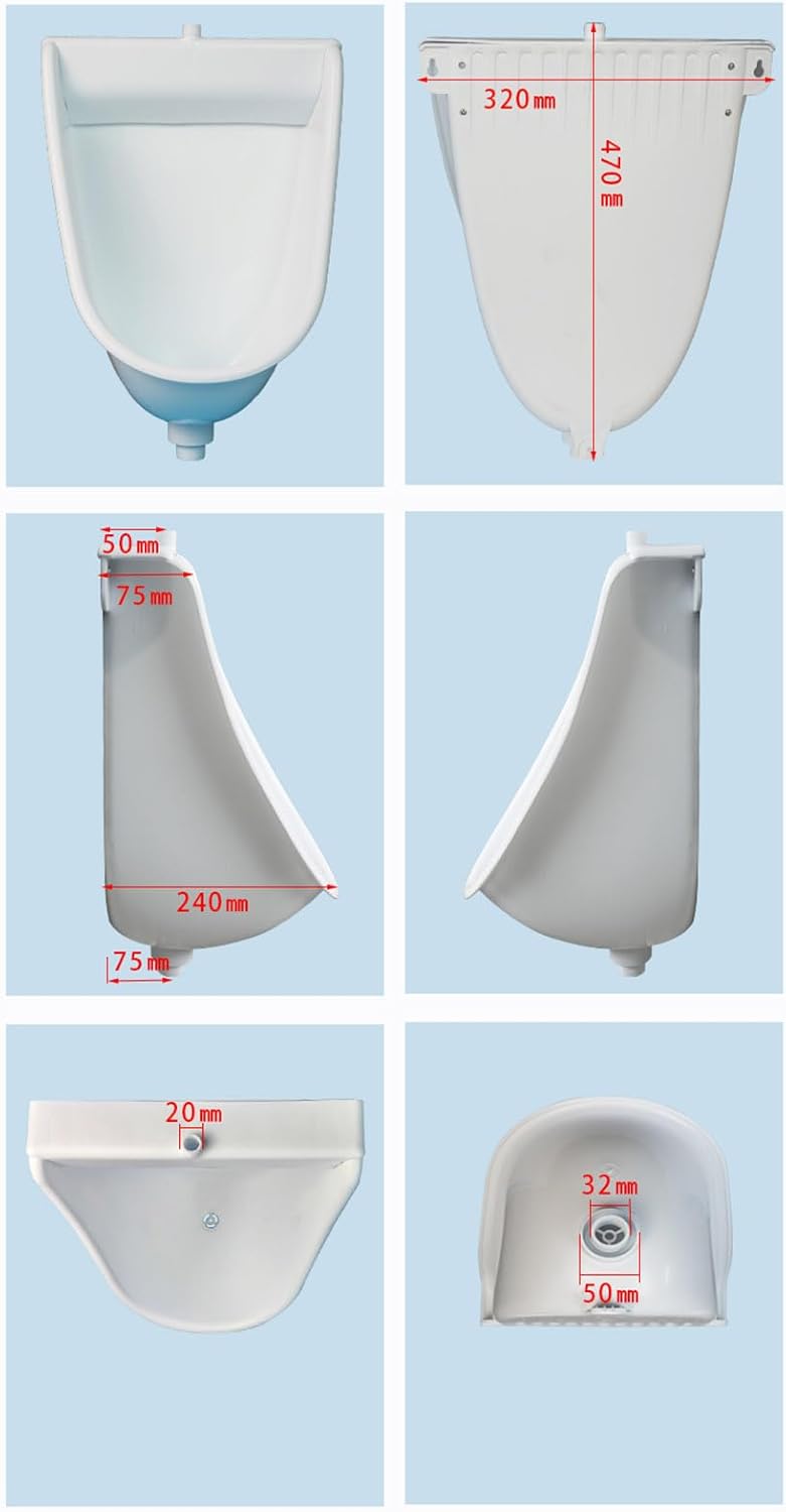 Wall Mounted Male Plastic Waterless Urinal, High Efficiency Rinse Urinals Urine Diverter, Outdoor Portable Backyard Mobile Toilet Urinal Trough Bathroom Adult Garage Temporary Urinal with Hose