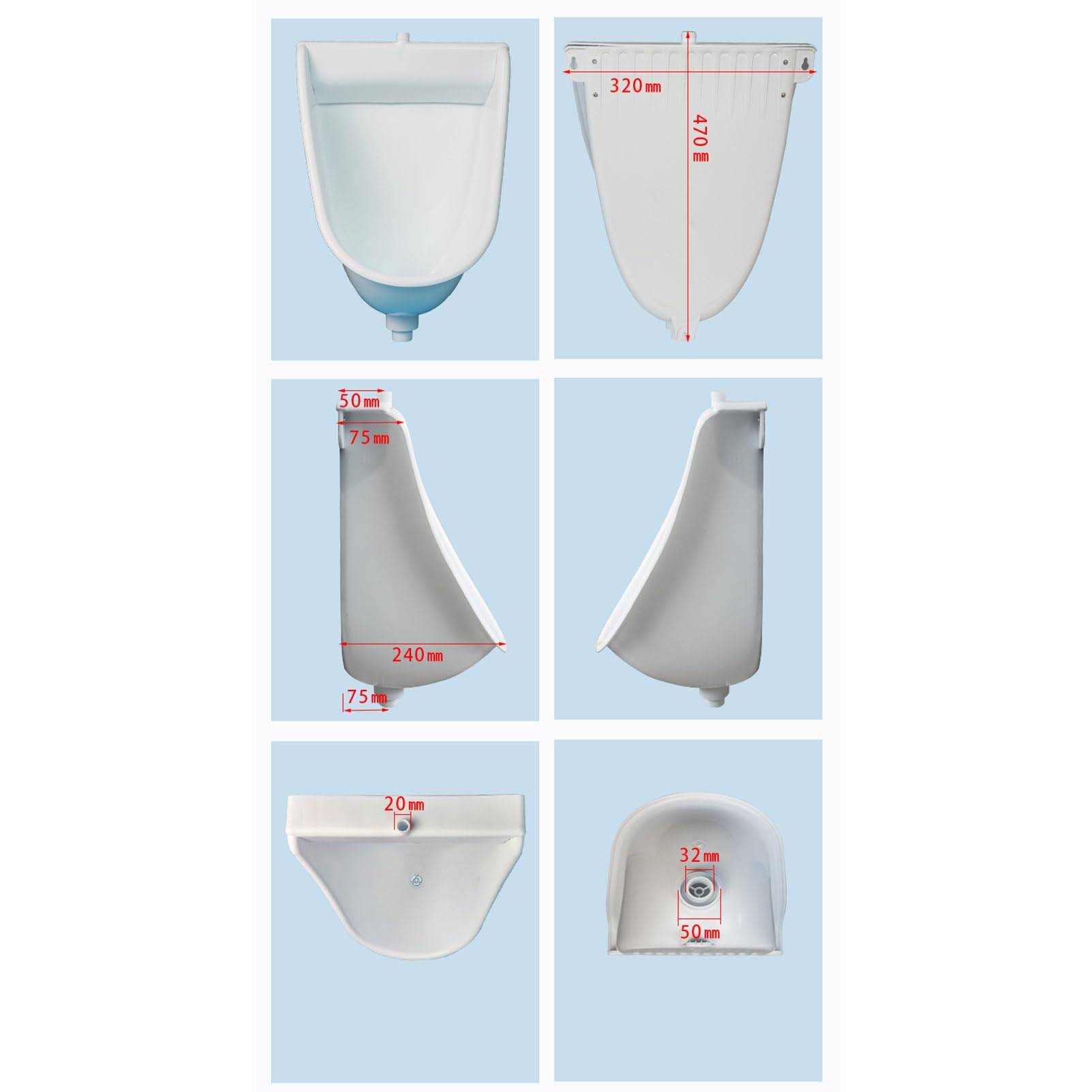 Großes Outdoor-Wasserloses Urina für Männer,Kunststoff-Badezimmer-Spritzwassergeschützte Spül-Urinale mit Spülventil,Wandmontierter Urin-Umleiter Outdoor-Camper-Urinale tragbares Männer-Urinal