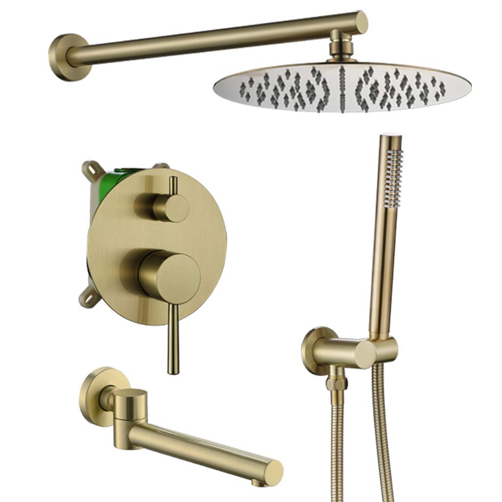 Sistema Doccia, Miscelatore Doccia a Pioggia da Bagno in Oro Spazzolato Montato a Parete, Set di rubinetti per Doccia con soffione Doccia a Pioggia Rotondo in Acciaio Inossidabile da 8-12",