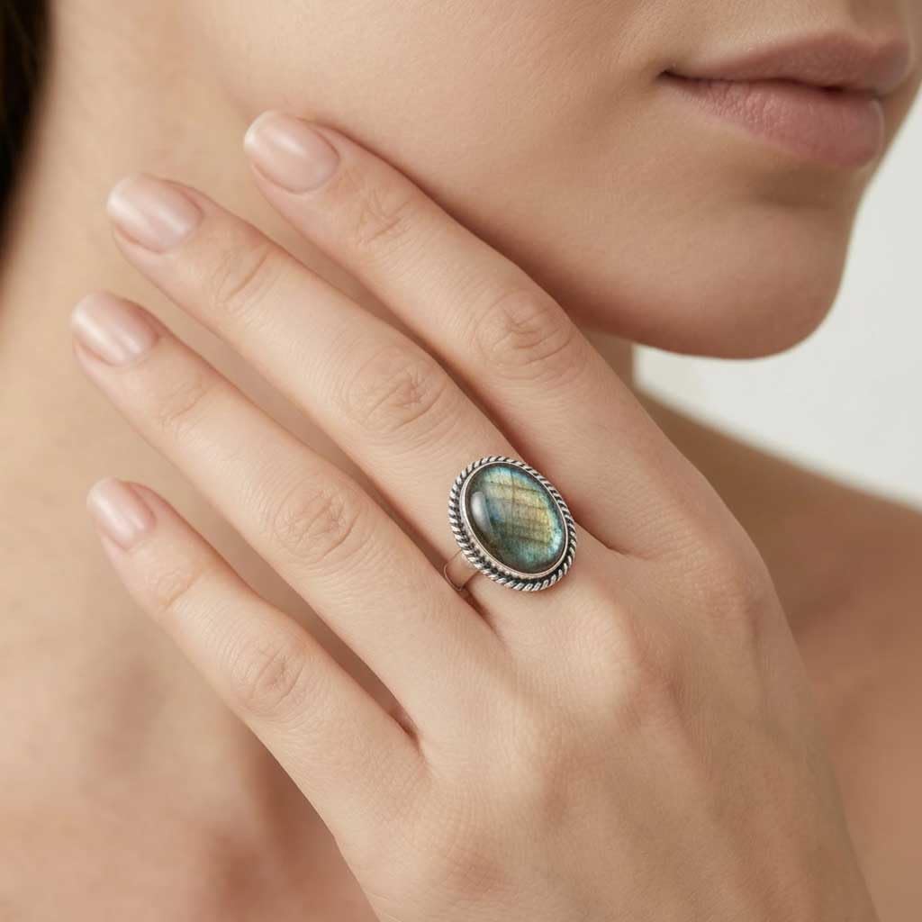 JEWELOPORIUM Chunky Natural Gemstone Ring For Women Amber, Labradorite, Turquoise, Rose Quartz Oval Boho 925 Sterling Silver Plated Handmade Jewelry