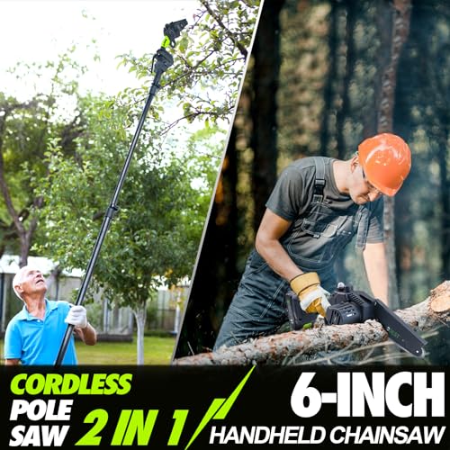 2-in-1 Cordless Pole Saw, 6 Inch Brushless Pole Chainsaws Mini Handheld Chainsaw with 2× 21V Batteries, 6.5lb Lightweight, Auto Oiling, 15 FT MAX Extension Pole Saws for Tree Trimming
