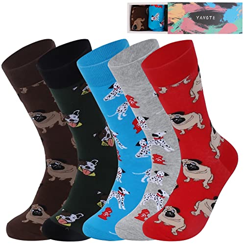 YANGTE Herren Socken Bunt Gemusterte -5 Pair Neuheit Art Argyle mit Lustige Wadensocken Unisex, Baumwolle, Bedruckte Crew-Socken, Fun Socks für Herren und Damen (Hund) Cover
