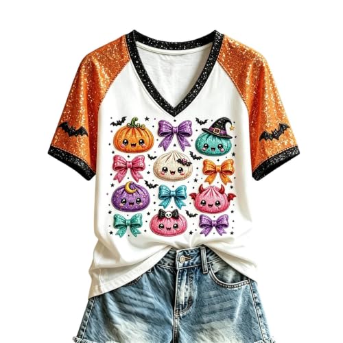 Halloween Shirts for Women Pumpkin Ghost Cat Short Sleeve Costume T-Shirt - image 1