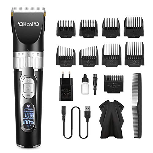 YOHOOLYO Tondeuse Cheveux Professionnelle Tondeuse Barbe Homme Electrique avec Ecran LCD Sans Fil Rechargeable avec 9 Sabots pour Enfants Adultes Personnes Âgées Salon Professionnel