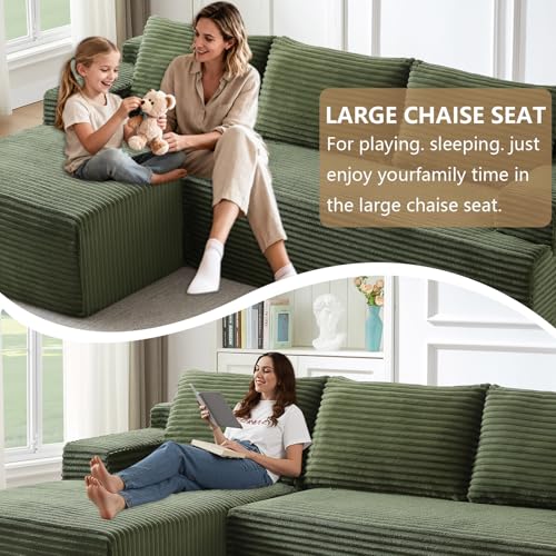 Image of 96.1 inch Modular Sectional Sofa Couches L-Shape Couch 3 Seat Modular Sofa Corduroy Memory Foam Sectional Boneless Couches for Living Room, Cloud Couch with Oversized Chaise(Green, Left Facing)