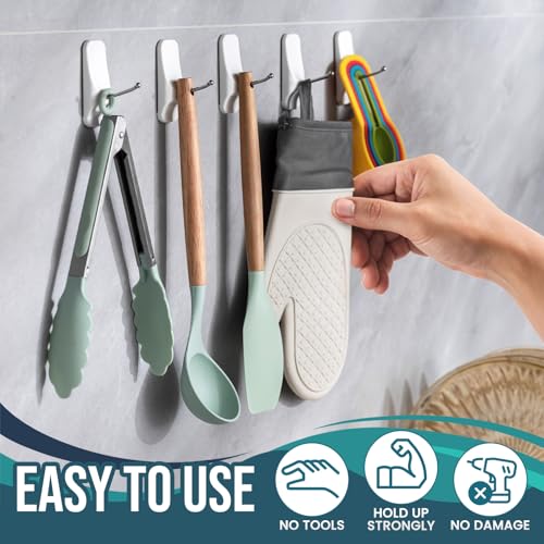 Image of TAILI Hooks for Hanging,6 Sticky Hooks & 8 Adhesive Strips Holds up 3 lb | White Utility Hooks for Painted Wall, No Damage Heavy Duty, Removable & Reusable for Door, Dorm, Clothes, Kitchen