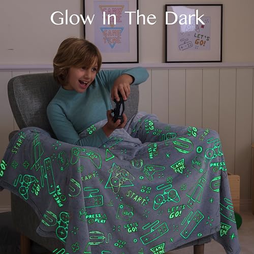 Joiedomi Glow in The Dark Gaming Blanket Gamer Gifts for Boys Age 2 3 4 5 6 7 8 9 10 11 12 Year Old, Soft Cozy Flannel Kids Throw Blanket, Birthday Bedroom Decor Grey 50"×60"