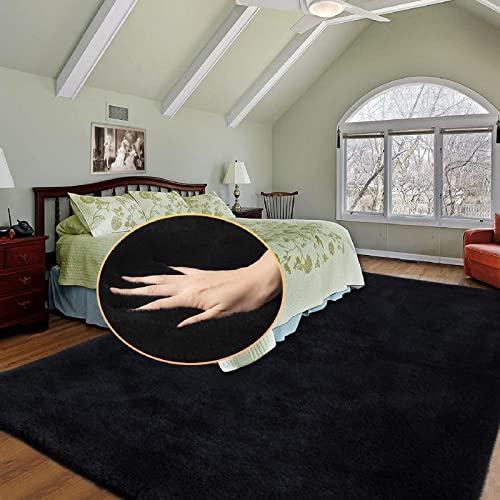 Black Shag Rugs 8x10 Area Rugs for Living Room Faux Rabbit Fur Machine Washable Area Rugs for Bedroom Nursery Decor Fluffy Rug