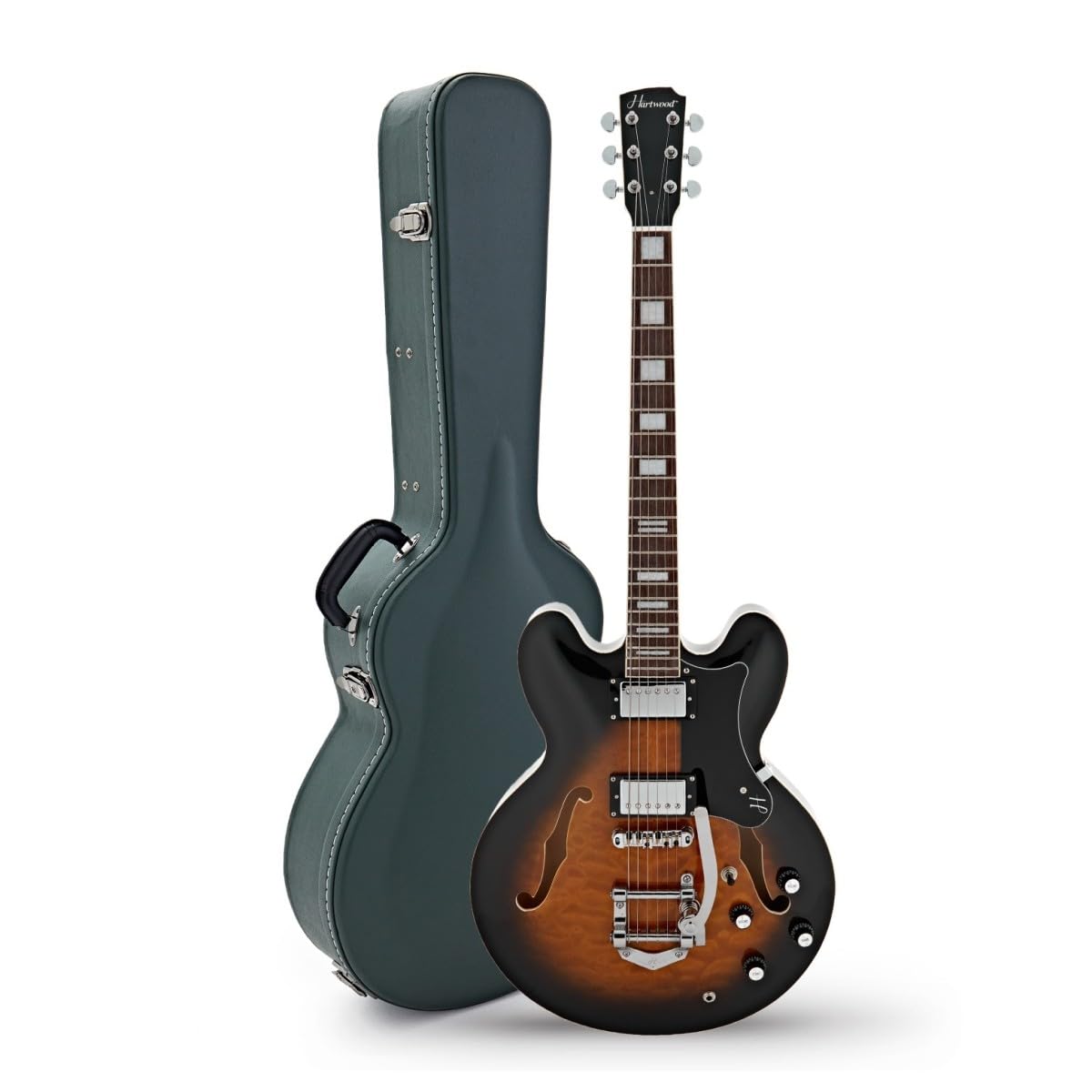Hartwood Revival Legend TR Semi-Acustica e Custodia, Sunburst | Include Custodia Rigida, Vibrato Sfumato tramite Braccio Tremolo Integrato, Corpo Semi-Cavo in Tiglio, Sunburst