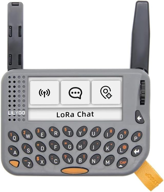 Front view of LILYGO T-Lora Pager with screen displaying time and keyboard.
