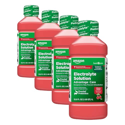 Image of Amazon Basic Care Electrolyte Solution Advantage Care with PreVital Prebiotics, Cherry Punch, Designed to Help Prevent Dehydration, Replaces Electrolytes, Fluid and Zinc, 33.8 fl oz (Pack of 4)