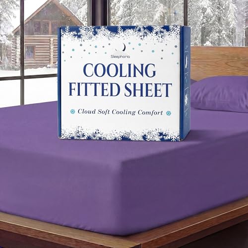 SLEEPHORIA Cooling Fitted Sheet Queen Size - 1 PC BreezeWeave Cooling Sheets for Hot Sleepers & Cool Rest w/ 16 in Deep Pocket - Corner Straps Cloud Soft Ultra Durable - 57 x 77 in (Regal Purple)