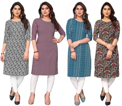 Image of JAKHANA Women's Crepe Printed Casual Straight Calf Length Round Nick Kurta Pack of 4