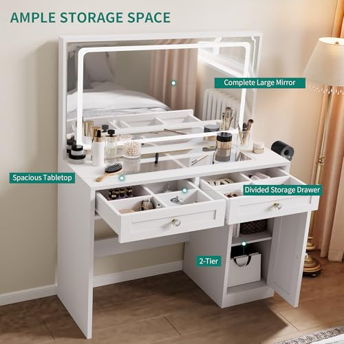 YITAHOME Schminktisch mit Verstellbaren LED-Beleuchtung und Steckdosen, Schminktisch mit Spiegel, Frisiertisch mit Geteilte Schubladen, Transparenter Schreibtisch, Weiß