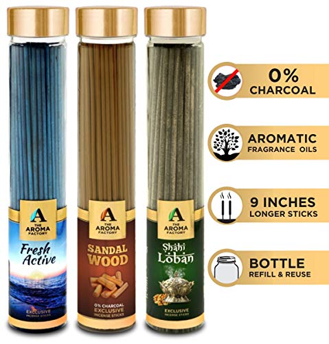 Image of The Aroma Factory Fresh Active,Sandalwood Chandan & Loban Agarbatti for Pooja,Luxury Incense Sticks,100% Herbal Fragrance Agarbathi (Bottle Pack of 3x100g)