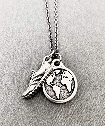 I Run The World Necklace - Pewter Running Shoe Charm and Pewter Earth Charm on 18 inch Gunmetal Chain3