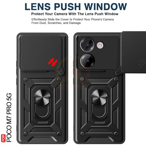 Image of Armor Bumper Back Cover Case for Poco M7 Pro 5G Rotating Camera Cover, Ring Holder & Kickstand | Heavy Duty & 360 Degree Protection Poco M7 Pro 5G Back Cover (Black)