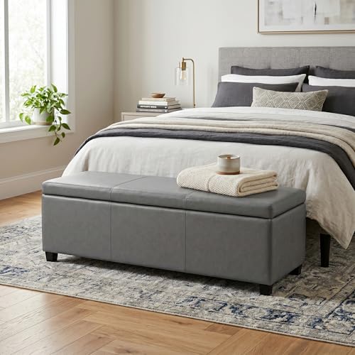 Image of SIMPLIHOME Avalon 48 inch Wide Vegan Leather Storage Ottoman in Stone Grey