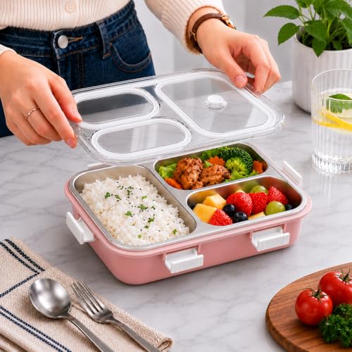 Image of Misamo Enterprise Stainless Steel Lunch Box for Kids & Adults, 3 Compartment Lunch Box, Leak Resistant Food Grade Tiffin Box with Spoon & Fork, BPA Free (Pink)